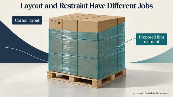 AI-assisted hypothetical pallet load with proposed lateral wrapping. The image is not a shipment or a verified stable unit.
