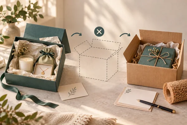 Retained gift presentation, missing outer-carton outline and a proposed replacement shipping carton