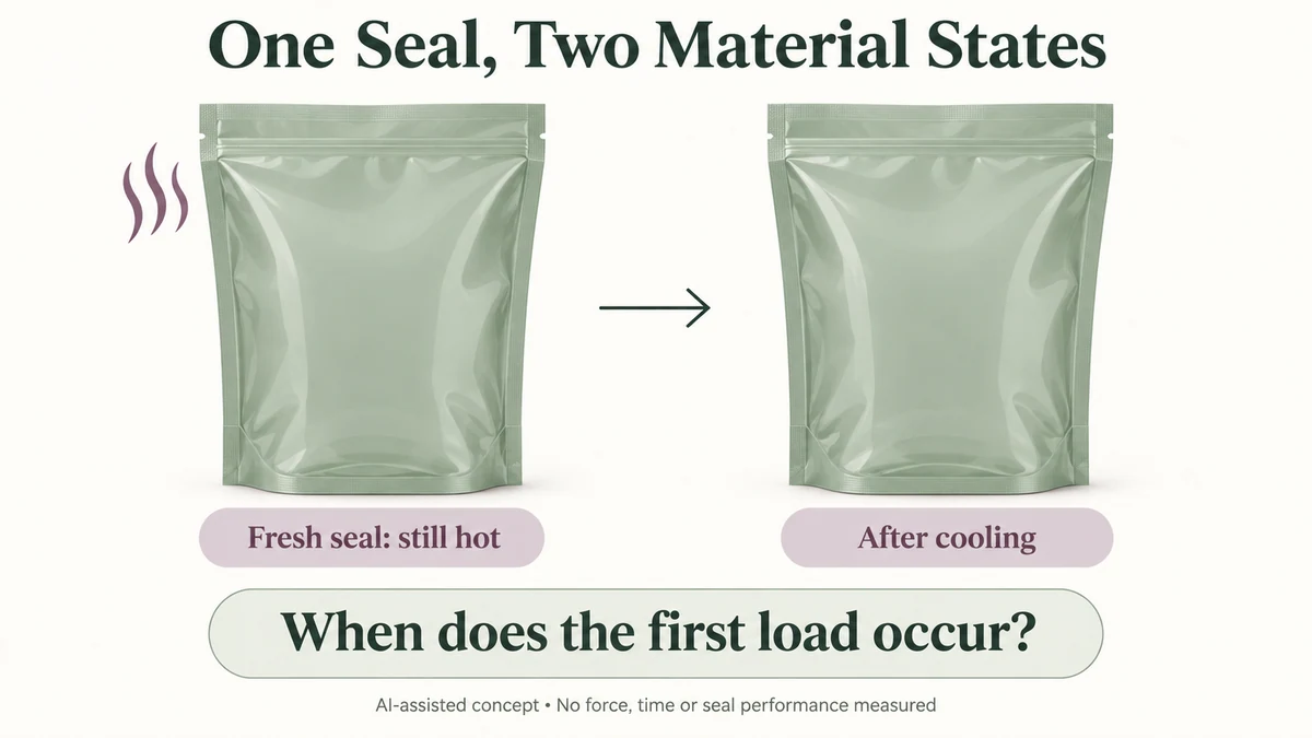 AI-assisted comparison of identical hypothetical flexible pouches labelled fresh still-hot seal and later cooled state, without strength results.
