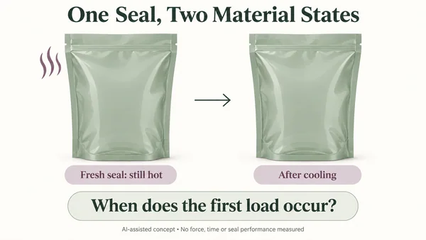 AI-assisted comparison of identical hypothetical flexible pouches labelled fresh still-hot seal and later cooled state, without strength results.