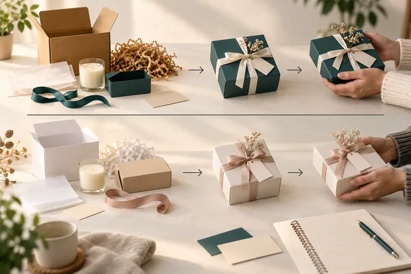 Two gift-variant assembly sequences displayed on a shared work surface