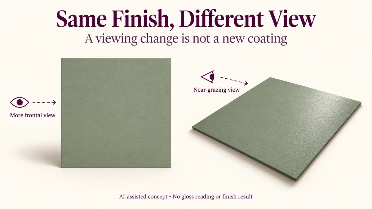 AI-assisted unchanged hypothetical matte panel seen more frontally and near grazing, with a directional sheen and changed observer view.