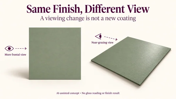 AI-assisted unchanged hypothetical matte panel seen more frontally and near grazing, with a directional sheen and changed observer view.
