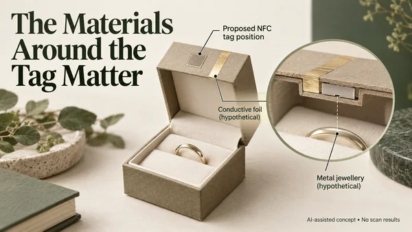 AI-assisted gift-box concept locating a proposed NFC tag beside hypothetical conductive foil and metal jewellery, without a reading result.