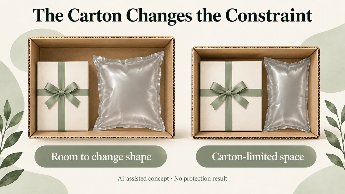 AI-assisted hypothetical comparison of air pillows beside the same gift-box design in two cartons with different available void space.