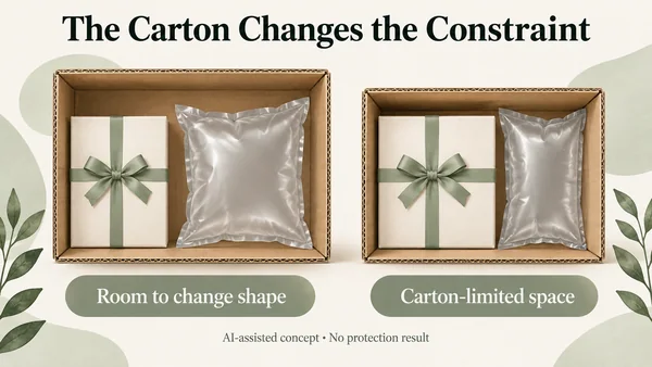 AI-assisted hypothetical comparison of air pillows beside the same gift-box design in two cartons with different available void space.