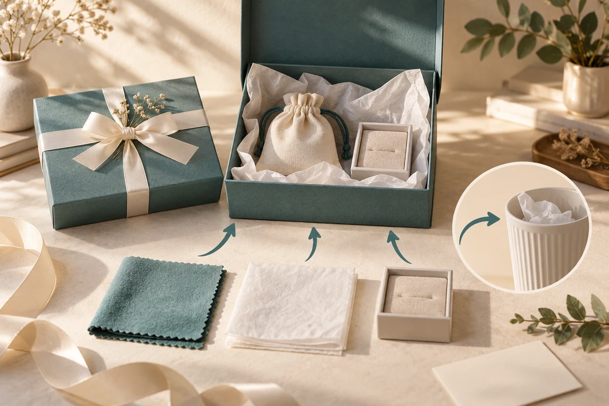 Open gift box beside a cloth, protective tissue and jewelry holder, with a separate discard illustration