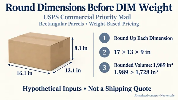 Hypothetical 16.1 by 12.1 by 8.1 inch parcel, rounded to 17 by 13 by 9 inches, with 1,989 cubic inches above the 1,728 cubic inch threshold.