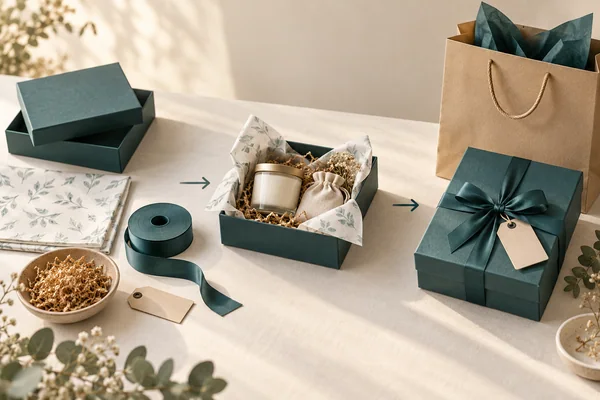 Gift wrapping materials progressing to a filled and ribboned green gift box