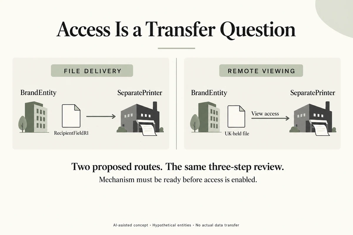 AI-assisted concept showing hypothetical BrandEntity proposing file delivery or remote viewing to a separate overseas printing entity, with blank records.