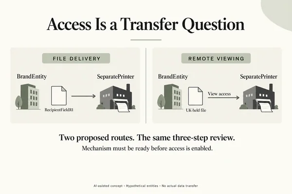 AI-assisted concept showing hypothetical BrandEntity proposing file delivery or remote viewing to a separate overseas printing entity, with blank records.