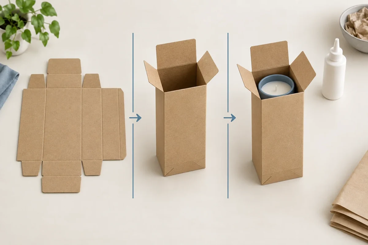 A seal-end blank, formed open carton, loaded candle and generic adhesive container show packing stages.