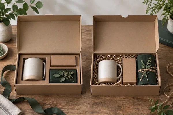 Two unbranded gift packaging configurations with different insert arrangements.