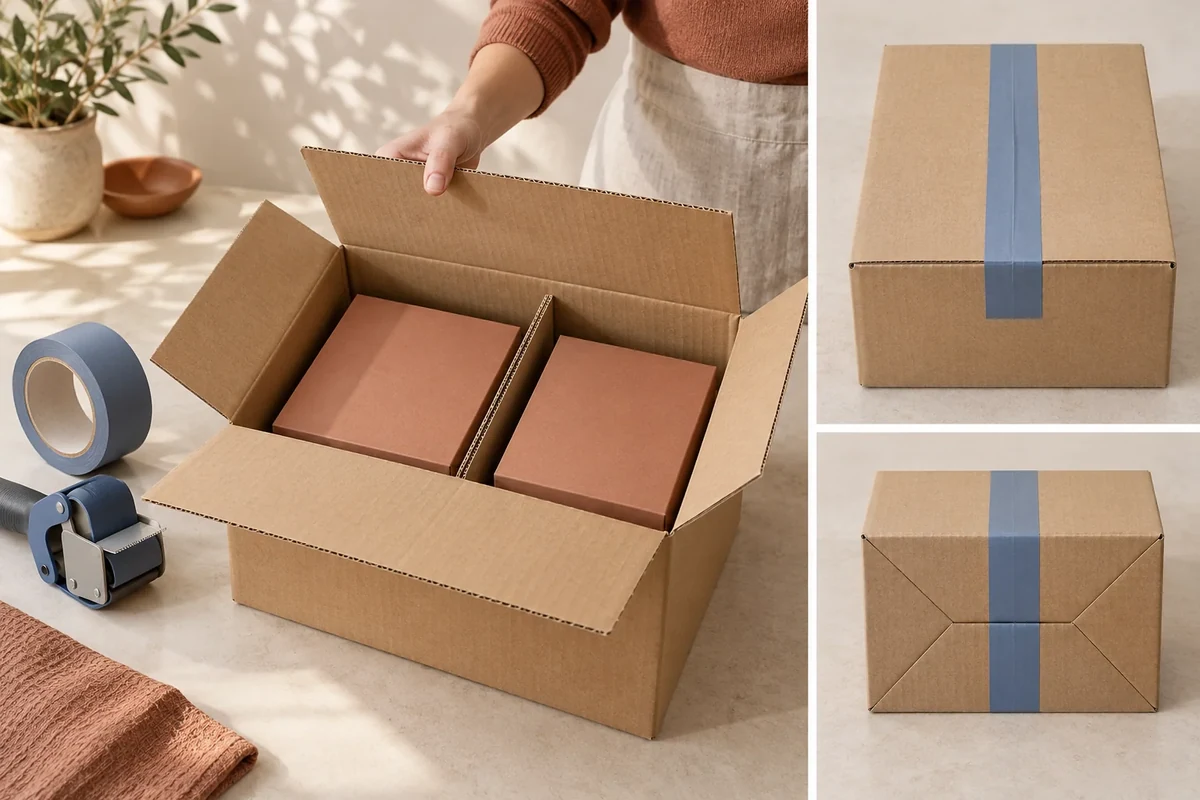 Loaded corrugated carton and tape dispenser beside two center-seam closing views.