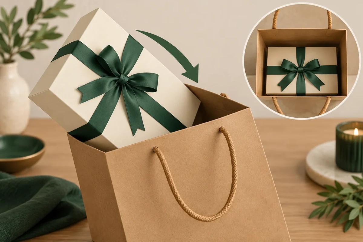 Angled gift-box entry and separate bag-base seating