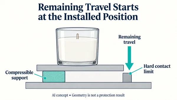 AI-assisted hypothetical support concept showing an installed starting state and a separate hard-stop position, not a measured cushioning result.