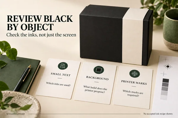Separate object-review questions for small text, a dark background and printer marks.