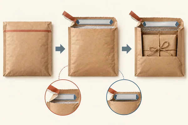 Return-mailer concept separates the torn opening strip from the remaining second seal around a returning wrapped gift.
