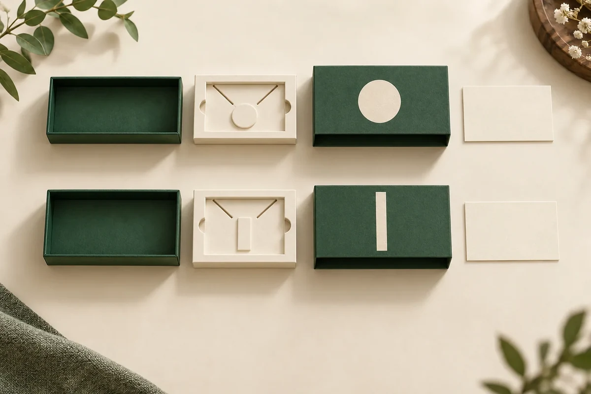Two shared box-and-card concepts paired with different circle and bar sleeve and insert designs