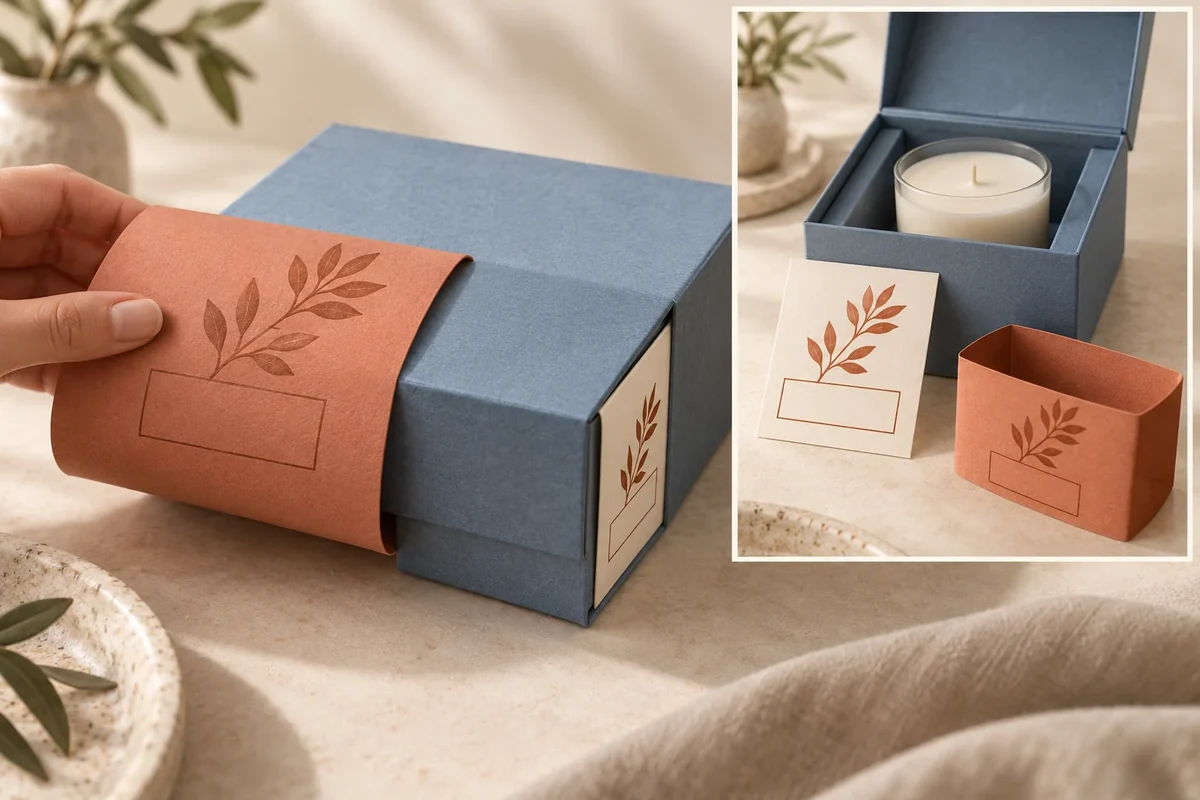 Removed printed belly band reveals a box with an information area, beside a retained card concept.