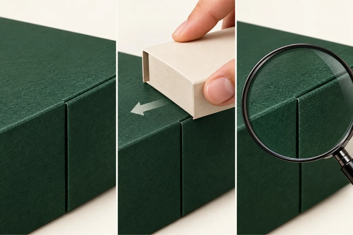 Three located views show a box seam before handling, a block moving across it and a magnified surface.
