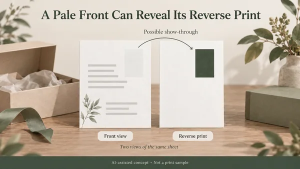 AI-assisted two-view concept of a duplex ivory care card with a dark reverse graphic and a possible faint optical ghost on its front, beside a gift box.