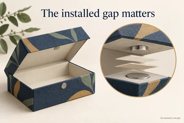 AI-assisted concept. The gift-box closure illustrates a magnet, steel counterpart and intervening layers, not an actual sample or force measurement.