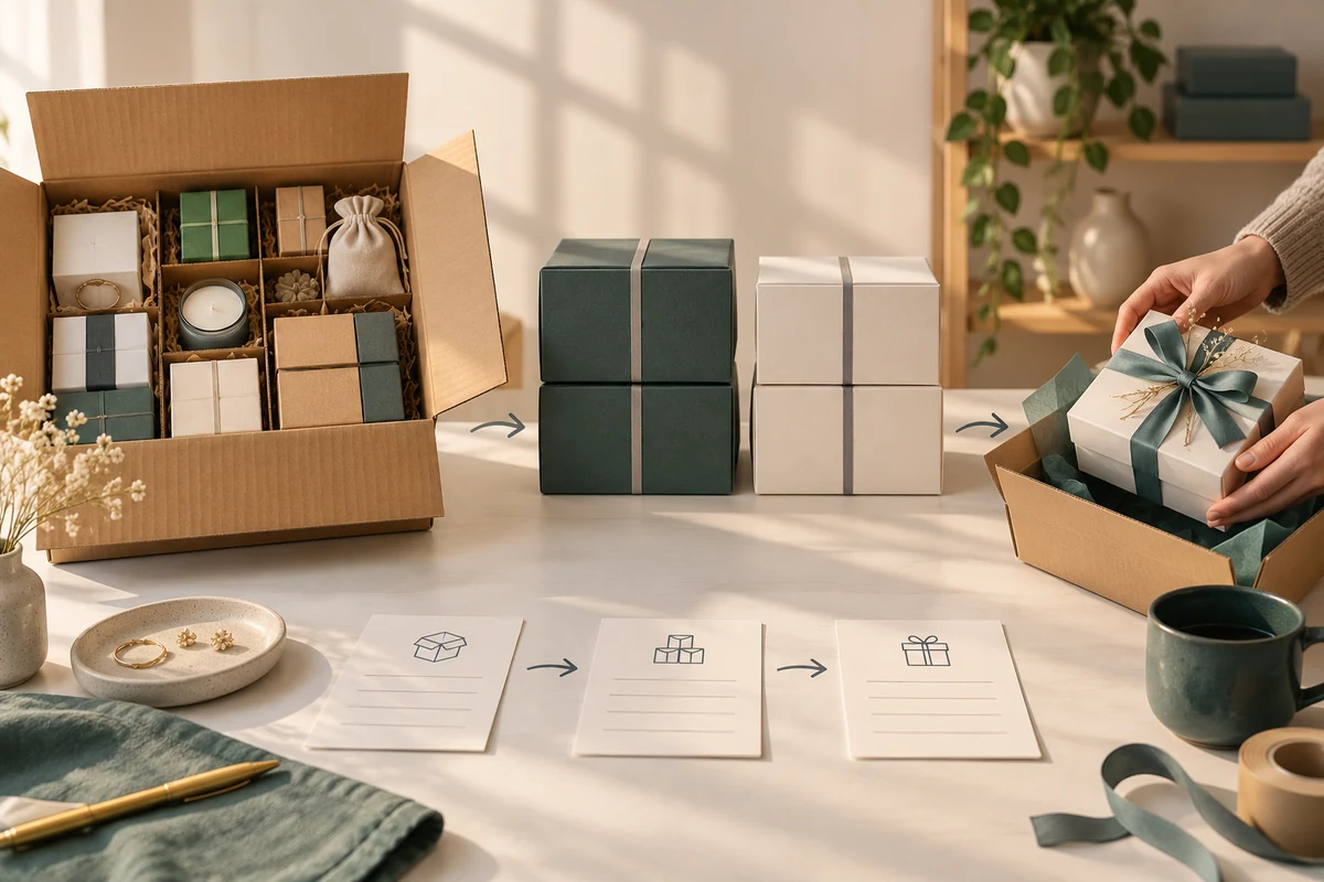 Mixed gift items in an open case beside separate wrapped boxes and blank receiving cards