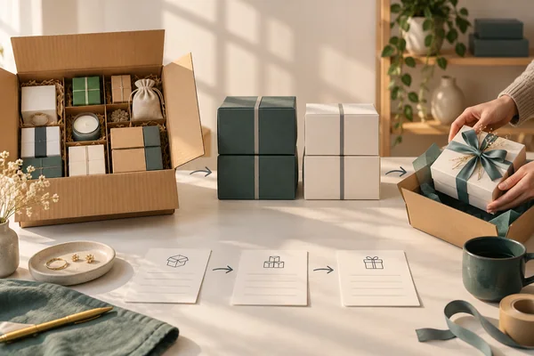 Mixed gift items in an open case beside separate wrapped boxes and blank receiving cards