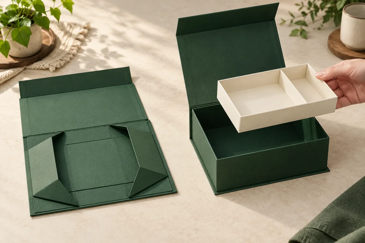Flat collapsible-box concept beside an open formed box while a hand positions the insert