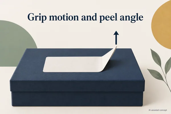 AI-assisted concept. A partly lifted label illustrates grip motion, not a removal instruction, actual sample or measured peel result.