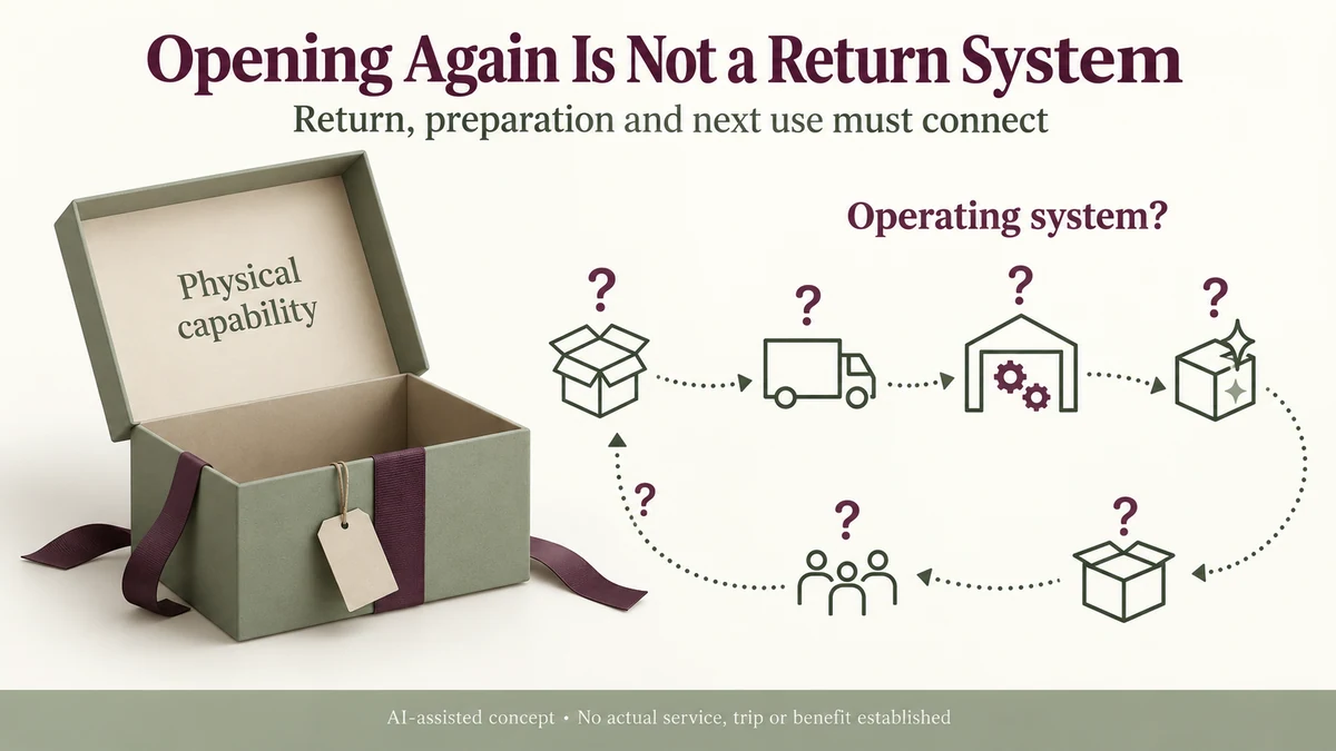 AI-assisted hypothetical keepsake box beside dotted operating-system questions about return, preparation and another packaging trip.