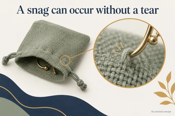 AI-assisted concept. A hypothetical metal projection and textile loop illustrate snag contact, not an observed pouch or jewelry defect.