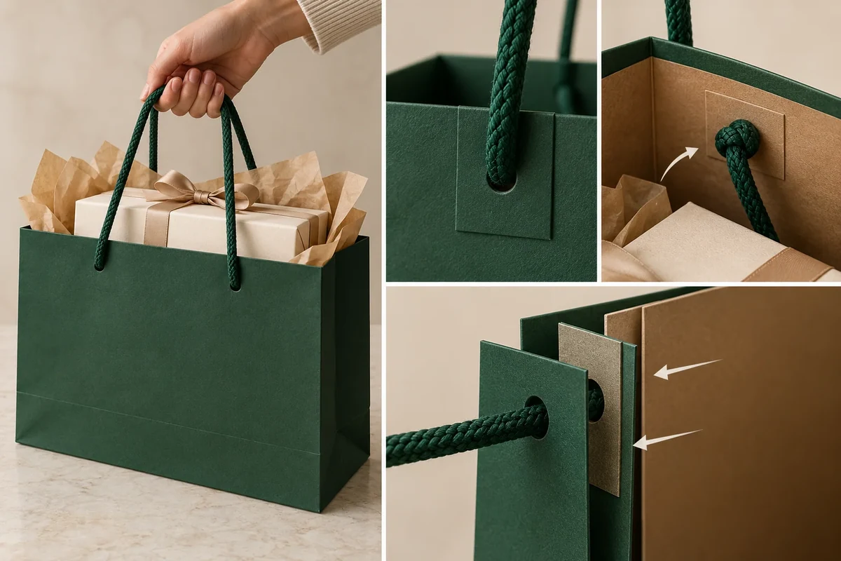 Paper bag with boxed gift, cord-handle grip, inner knot and separate reinforcement-layer views.