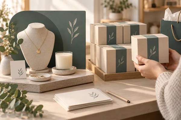 Exposed jewelry and candle demonstration display beside closed retail gift boxes