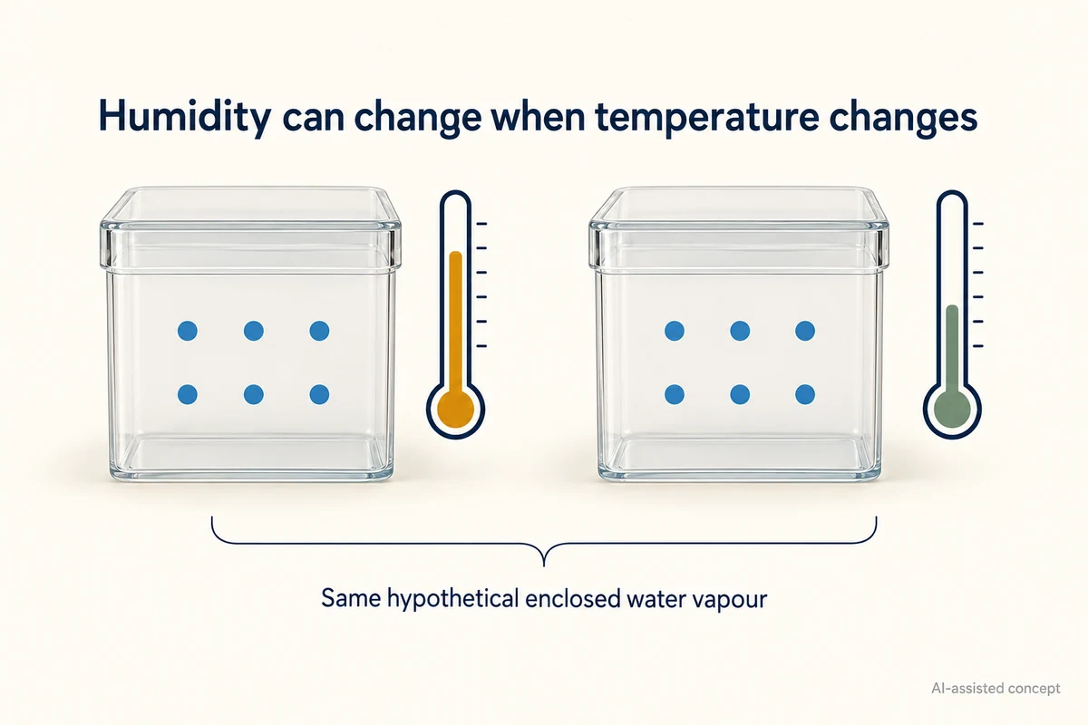AI-assisted concept. Six dots symbolise an unchanged hypothetical amount of gas-phase water in a fixed-volume empty container before condensation; no real package result is shown.