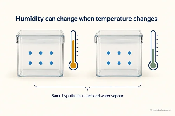 AI-assisted concept. Six dots symbolise an unchanged hypothetical amount of gas-phase water in a fixed-volume empty container before condensation; no real package result is shown.