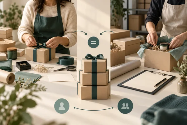 Brand-operated and external packing workstations handling the same gift requirement