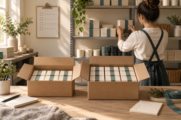 Two open shipping cases with different quantities of small gift boxes and a person stocking shelves behind them