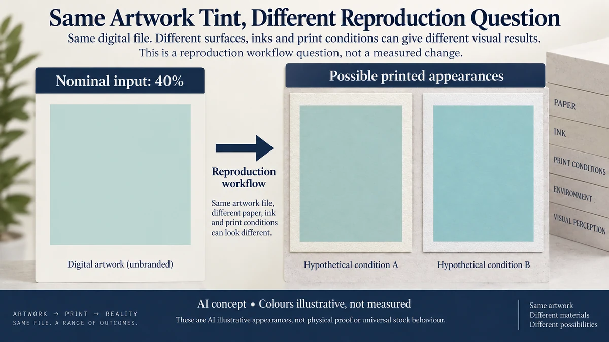 AI-assisted concept of the same invented 40% artwork input and possible different printed tint appearances, not calibrated swatches.