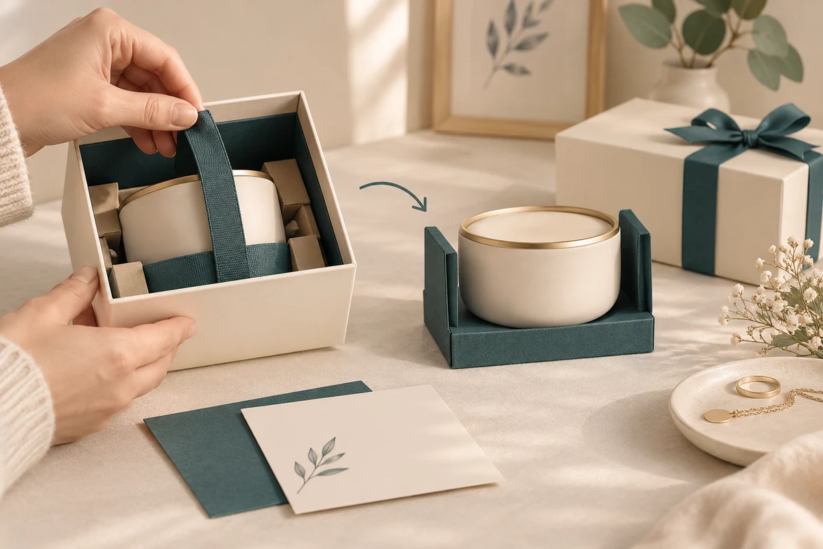 Hand lifting a ribbon restraint from a gift box beside a candle supported in a separate presentation holder