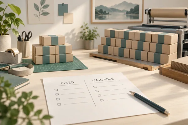Gift boxes on a packing bench with a fixed and variable cost comparison sheet