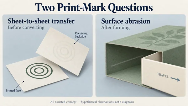 AI-assisted two-panel concept showing a circular print motif on a care-card front and a faint corresponding backside mark, beside a cutaway sleeve and tray with a possible interior contact line.