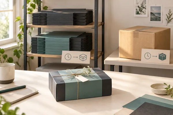 Flat packaging stacks and a large shipping carton behind a finished gift box