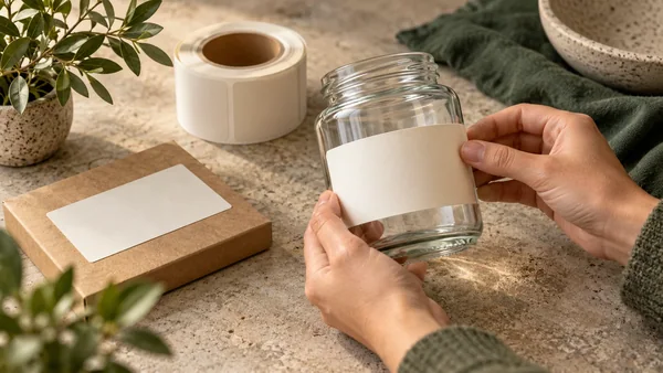 Illustrative plain labels being aligned on a glass jar and a paperboard surface.