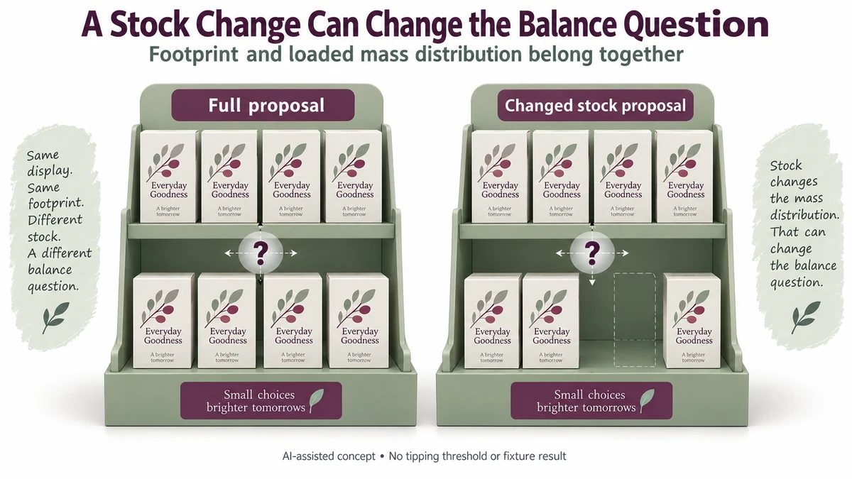 AI-assisted matching two-level display proposals with one lower carton removed in the changed-stock view and unresolved mass-distribution symbols.