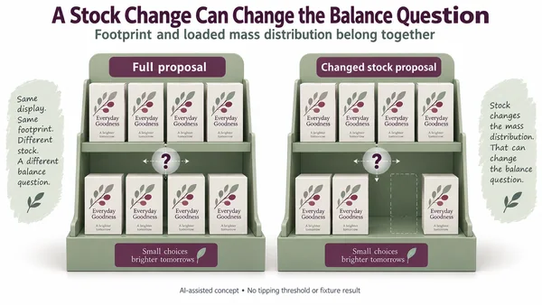 AI-assisted matching two-level display proposals with one lower carton removed in the changed-stock view and unresolved mass-distribution symbols.