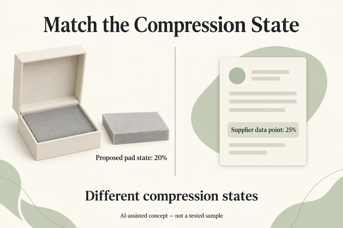 AI-assisted concept comparing a hypothetical foam-pad design state at 20% deflection with a separately stated supplier data point at 25%.