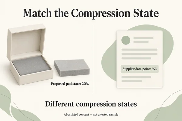AI-assisted concept comparing a hypothetical foam-pad design state at 20% deflection with a separately stated supplier data point at 25%.