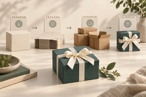 Packaging preparation stages arranged beside small calendar-style icon cards